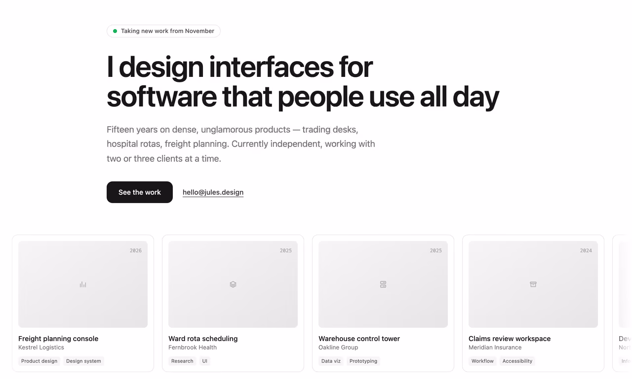 Portfolio hero with work strip — Tailwind CSS Hero Sections layout preview