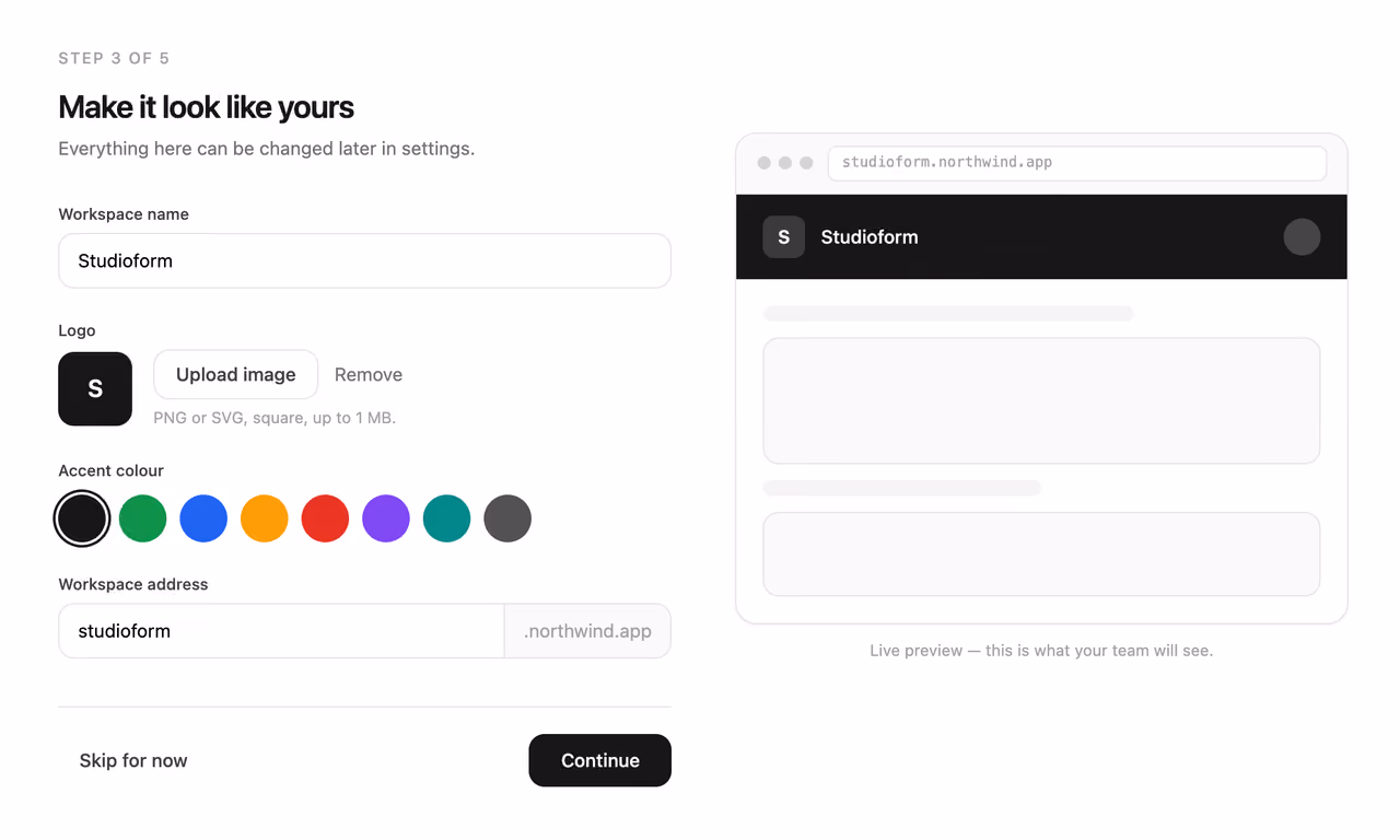 Brand your workspace step — Tailwind CSS Onboarding layout preview