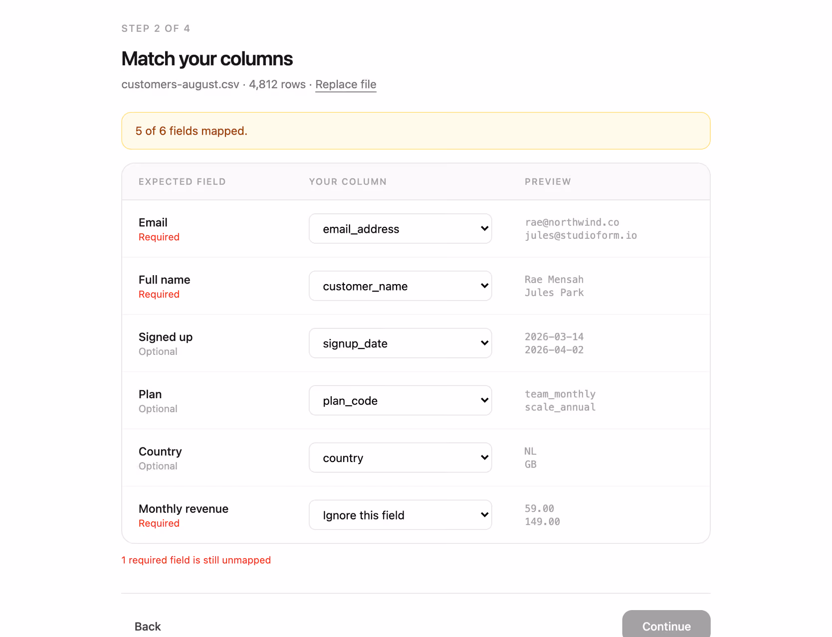 CSV column mapping step — Tailwind CSS Onboarding layout preview