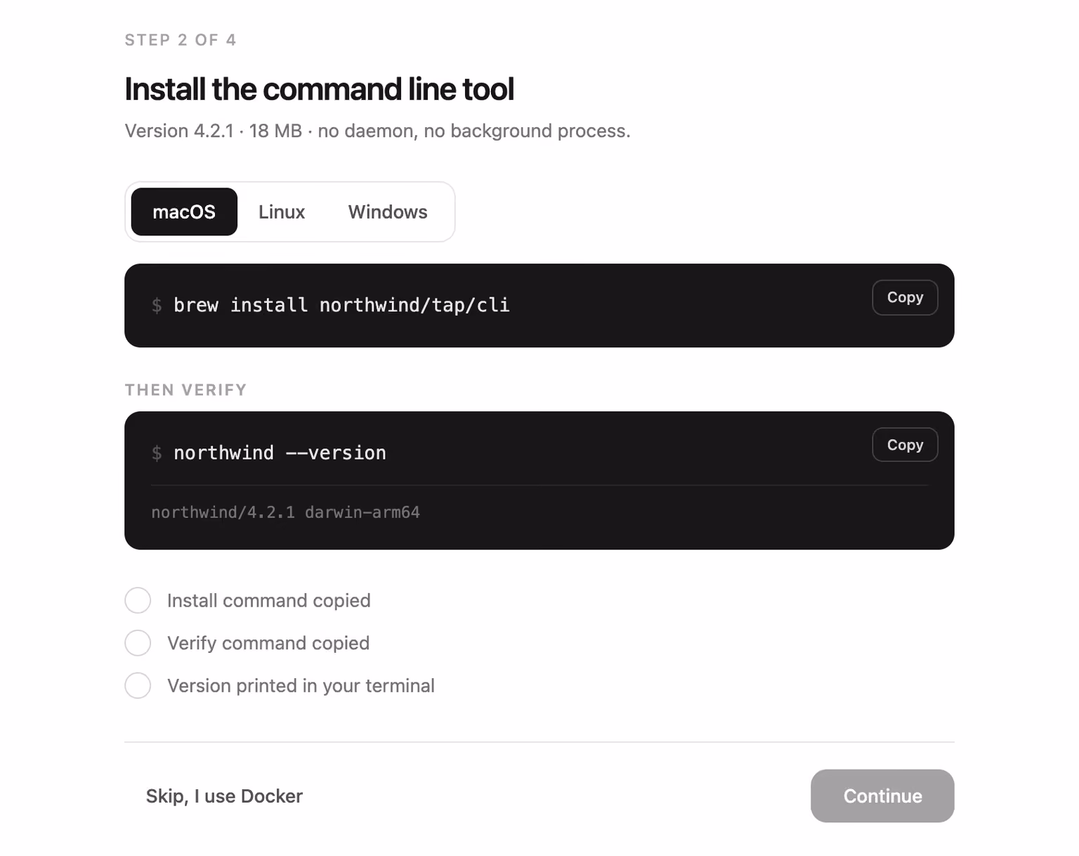 Install the CLI step — Tailwind CSS Onboarding layout preview