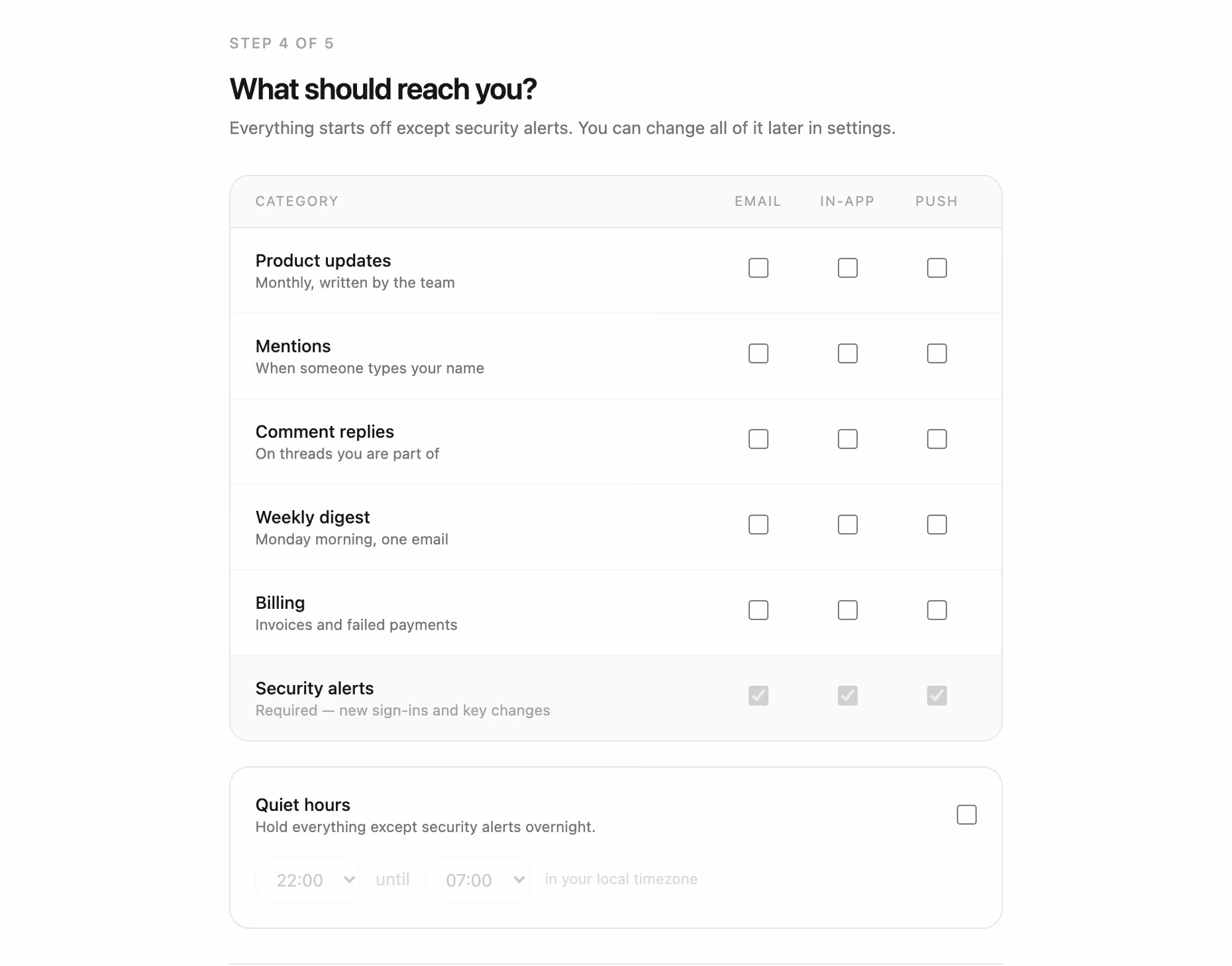 Notification preferences step — Tailwind CSS Onboarding layout preview
