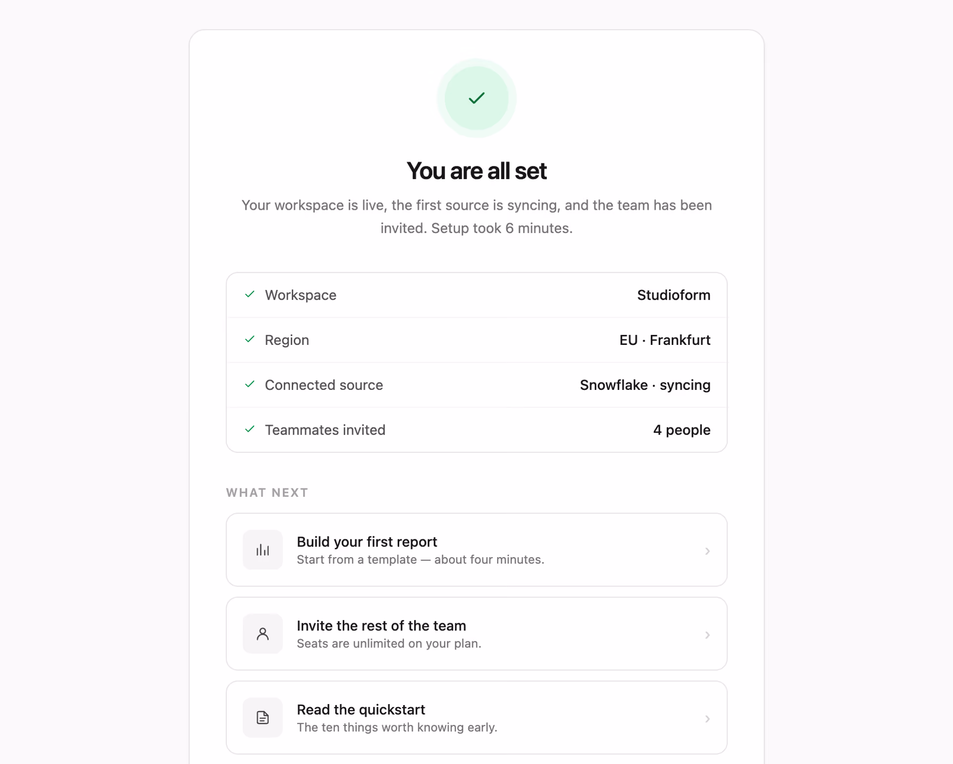 Setup complete celebration — Tailwind CSS Onboarding layout preview
