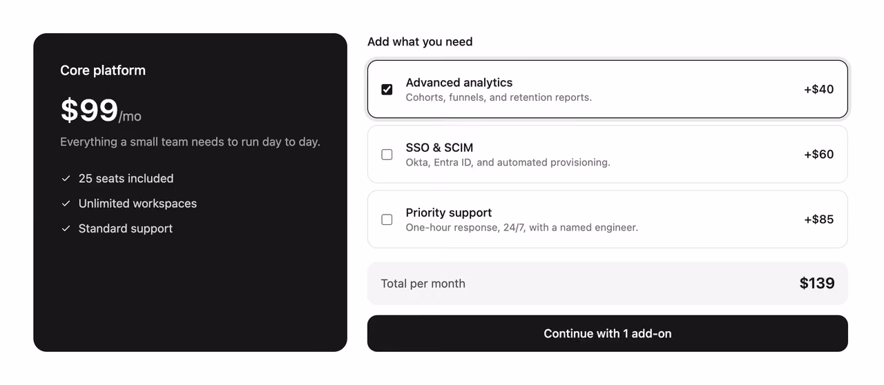 Base plan with add-ons — Tailwind CSS Pricing layout preview