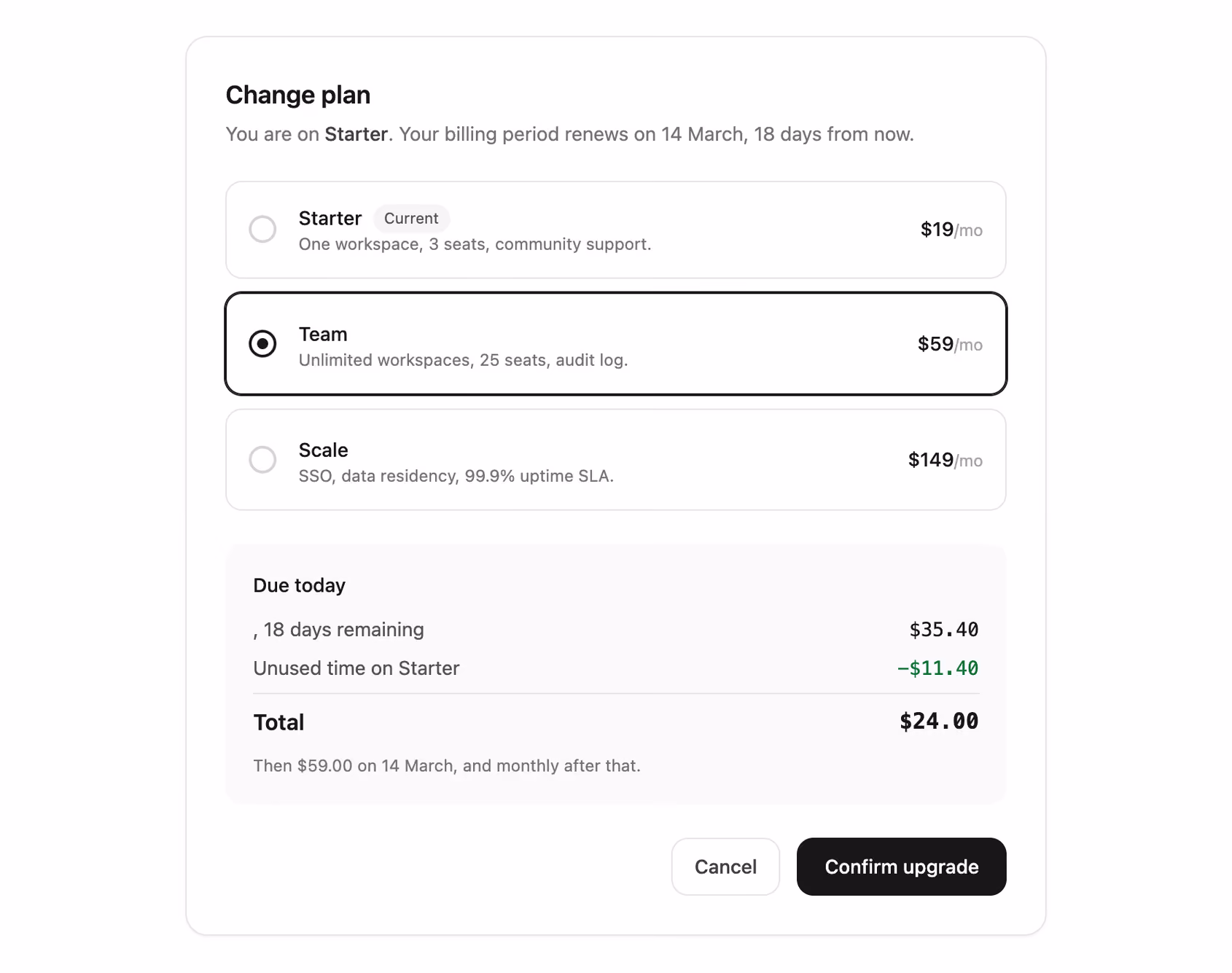 Change plan with prorated preview — Tailwind CSS Pricing layout preview