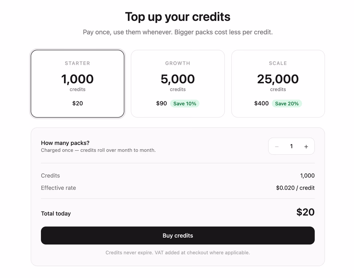 Credit pack top-up — Tailwind CSS Pricing layout preview