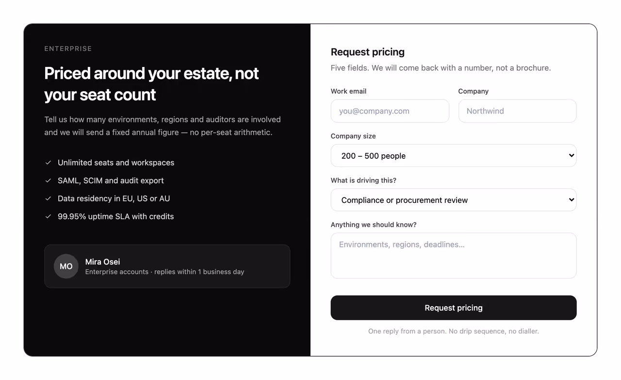 Enterprise quote request panel — Tailwind CSS Pricing layout preview
