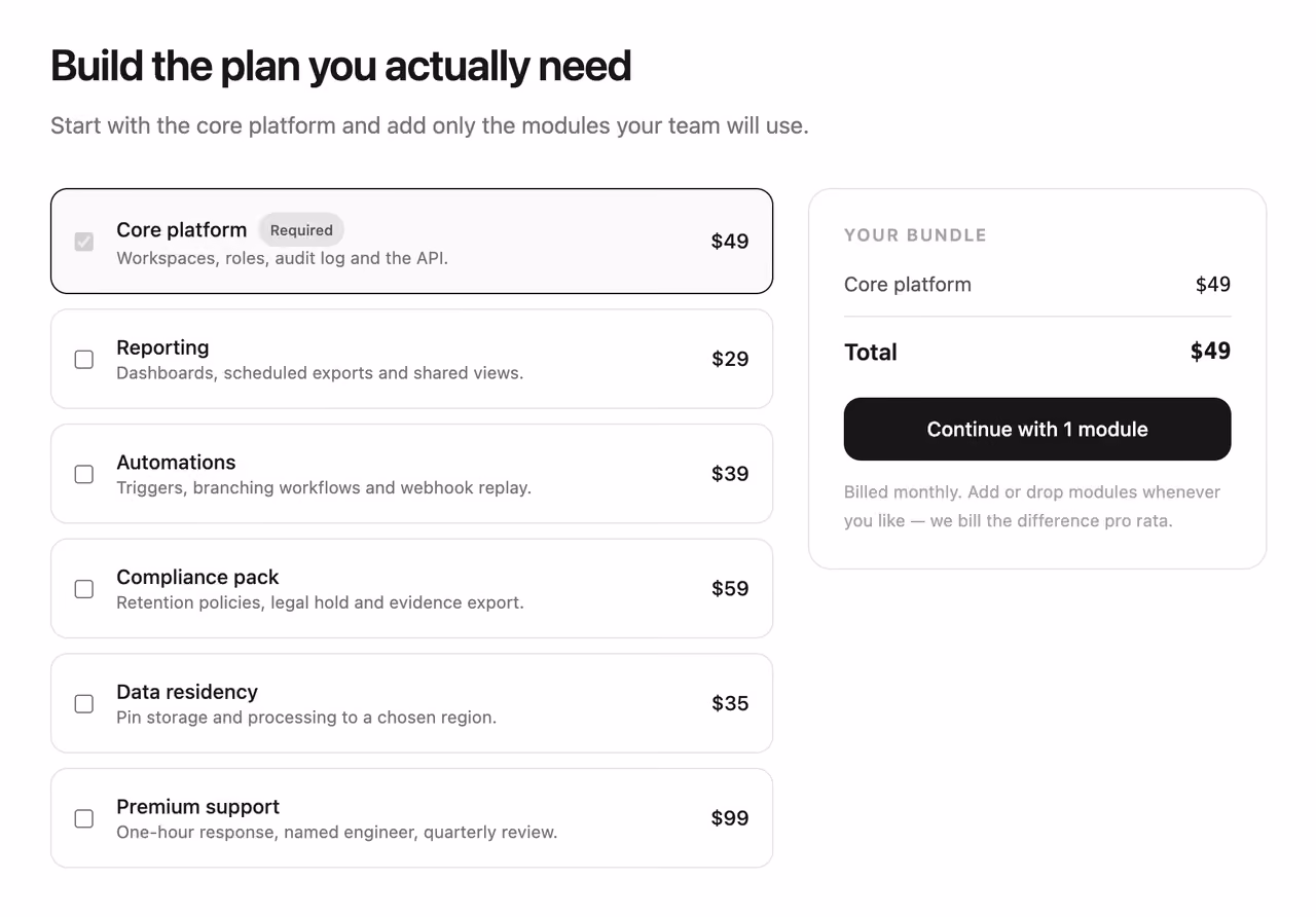 Module bundle builder — Tailwind CSS Pricing layout preview
