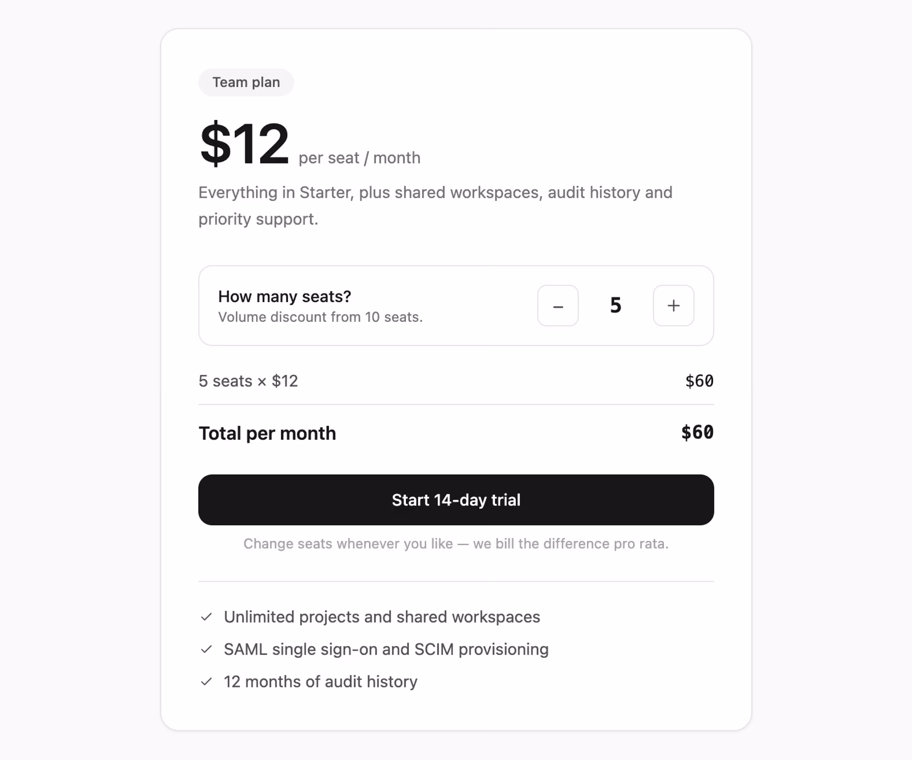 Per-seat pricing with quantity stepper — Tailwind CSS Pricing layout preview