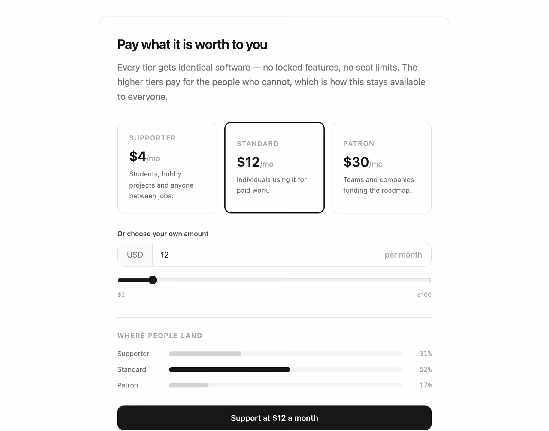 Sliding scale supporter pricing — Tailwind CSS Pricing layout preview