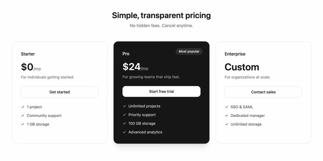 Three-tier with highlight — Tailwind CSS Pricing layout preview