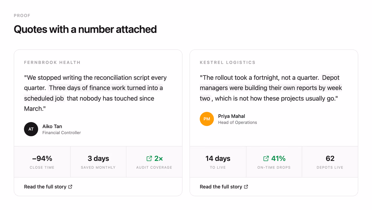 Case study result card — Tailwind CSS Testimonials layout preview