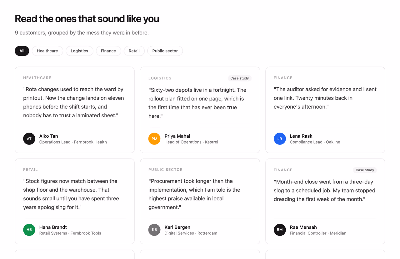 Filterable quote grid by industry — Tailwind CSS Testimonials layout preview