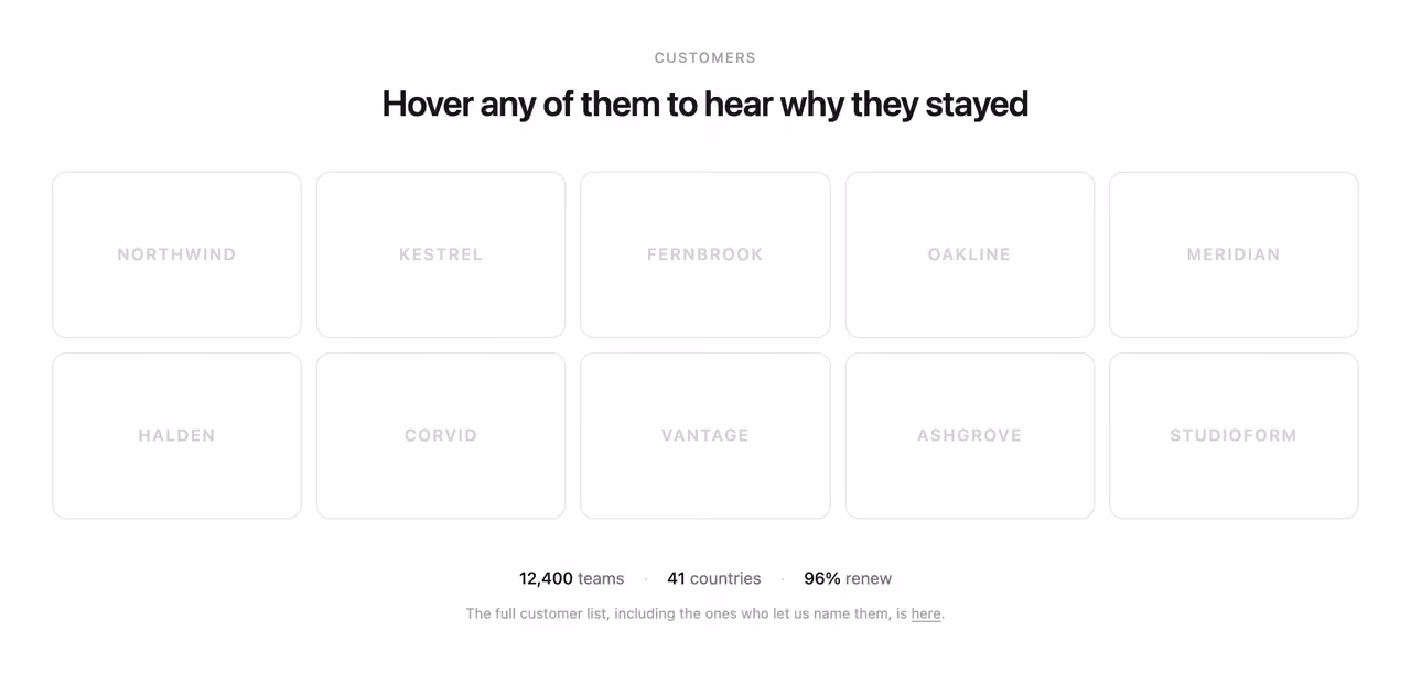 Logo wall with hover quotes — Tailwind CSS Testimonials layout preview
