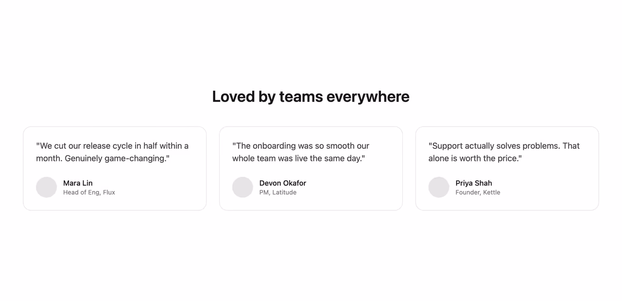 Three-card grid — Tailwind CSS Testimonials layout preview