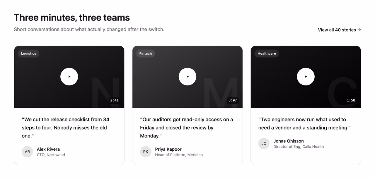 Video story cards — Tailwind CSS Testimonials layout preview